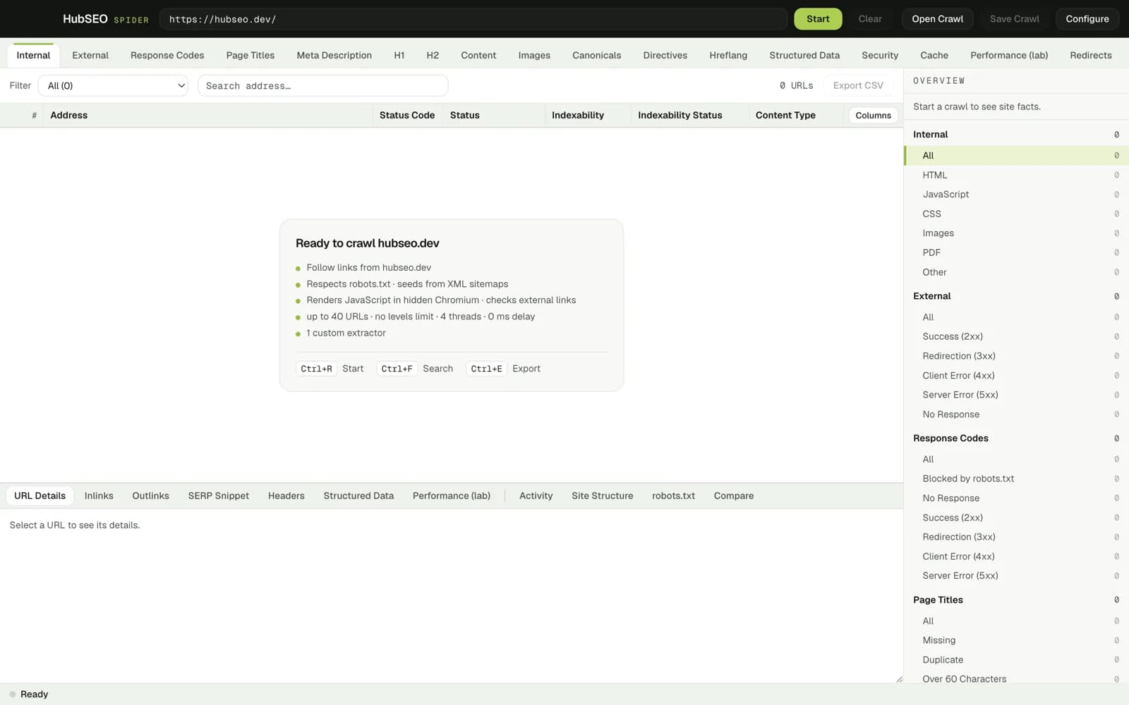 HubSEO Spider ready to crawl hubseo.dev: a card listing the run settings (follow links, respects robots.txt and sitemaps, renders JavaScript in hidden Chromium, a 40-URL budget, 4 threads, 1 custom extractor) with keyboard shortcuts for Start, Search and Export.