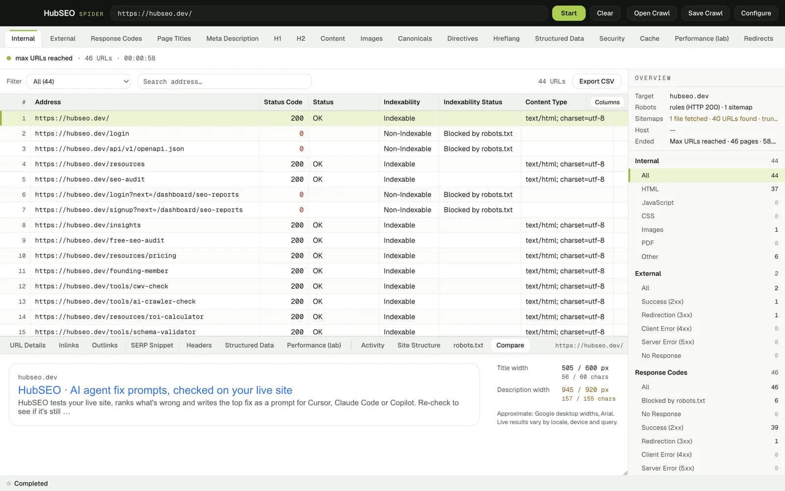HubSEO Spider SERP Snippet panel for hubseo.dev: the rendered search result, title width 505 of 600 px and 56 of 60 characters, description width 945 of 920 px and 157 of 155 characters, with a note that live results vary.