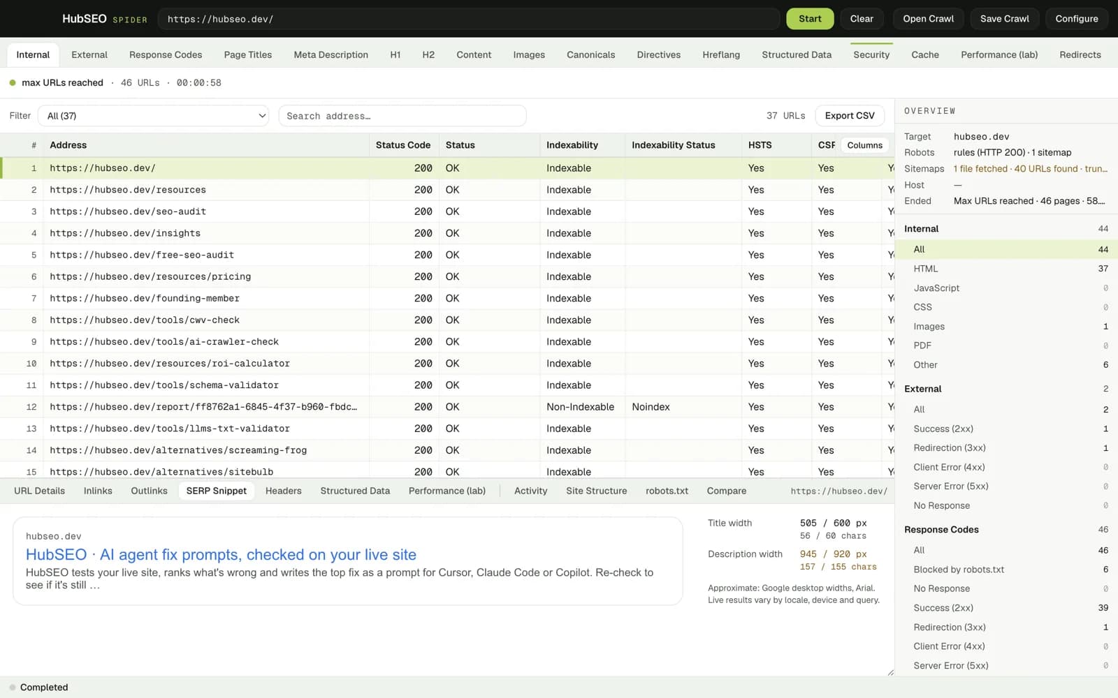 HubSEO Spider Security tab: 37 HTML URLs with status, indexability and HSTS and CSP columns reading Yes, a filter dropdown, address search and an Export CSV button.