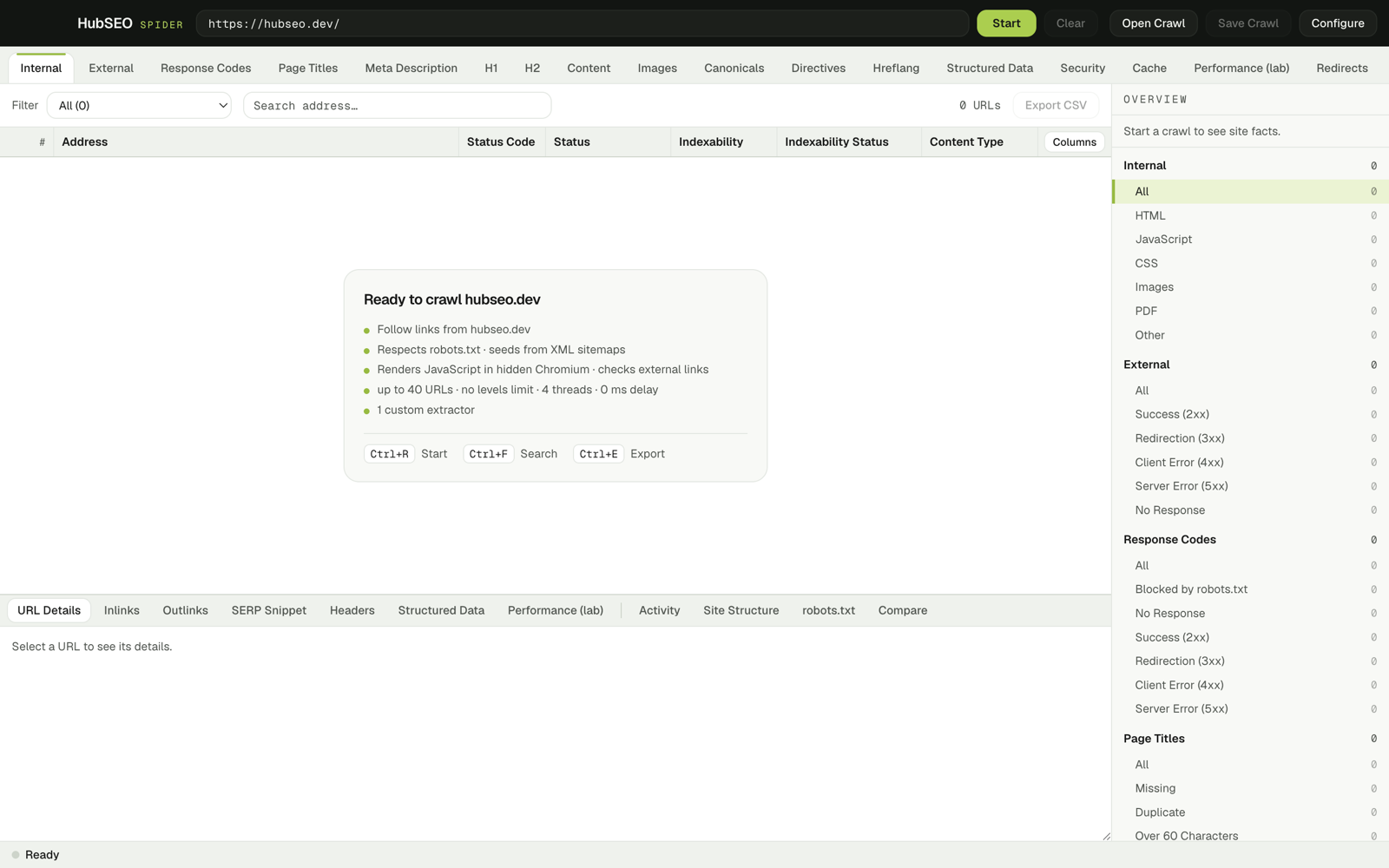 HubSEO Spider on first launch: an empty grid with the 19 tabs across the top, a URL field with a Start button, and the overview sidebar showing zero URLs.